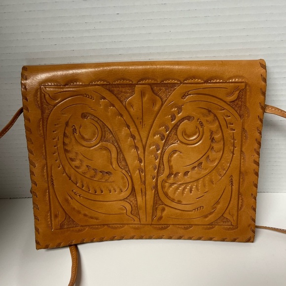 Handmade Handbags - Tan Tooled Leather Western Boho Artsy Gypsy Crossbody Purse Women's Bag